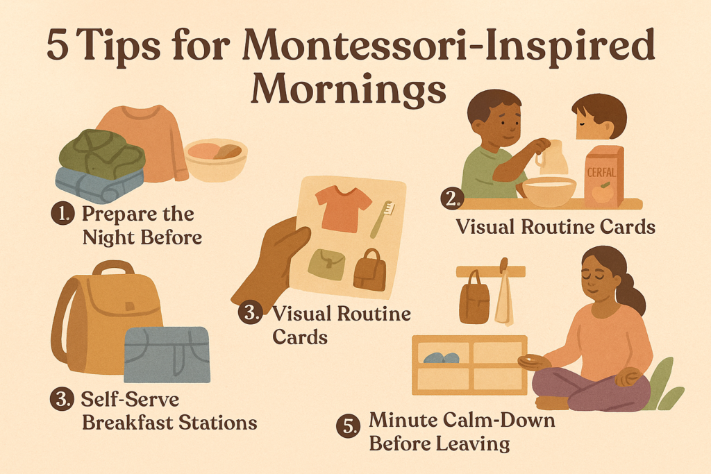 A Montessori-style early childhood classroom with natural wood furniture, soft lighting, and neutral tones. A teacher gently guides a boy using wooden cylinder blocks, while three other toddlers focus on hands-on activities with geometric puzzles and sensory materials. The setting feels calm, organized, and child-led, with open shelves and nature-themed wall art in the background.