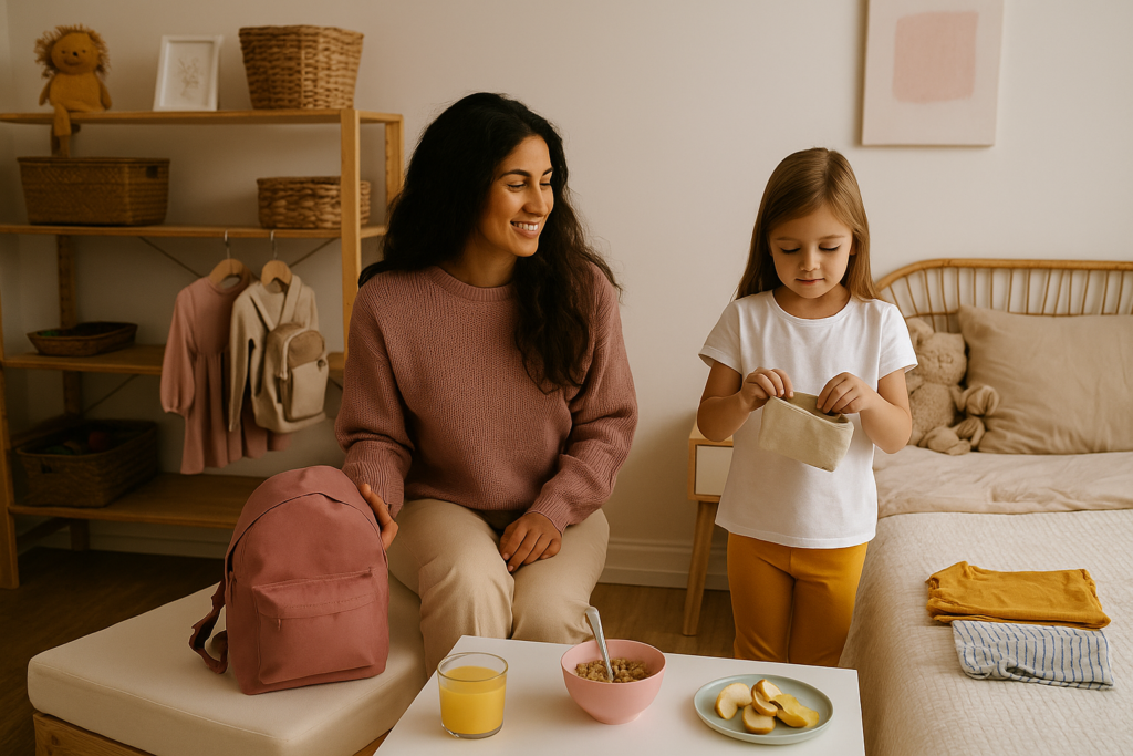 A mother and her young daughter prepare for the day in a cozy, softly lit room. The daughter focuses on packing a small beige pouch while the mother smiles warmly beside her. A pink backpack, a bowl of cereal, a glass of orange juice, and folded clothes are neatly arranged around them, creating a calm, Montessori-inspired morning routine.