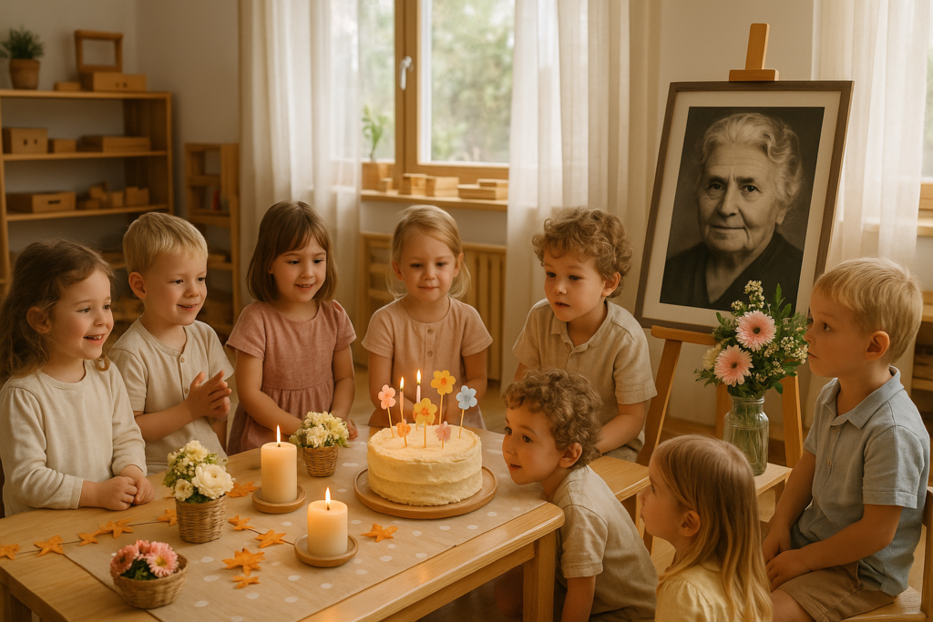 Children celebrating Maria Montessori’s birthday with a cake and candles in a Montessori classroom, next to a portrait of Maria Montessori  honoring her legacy and philosophy in early childhood education.