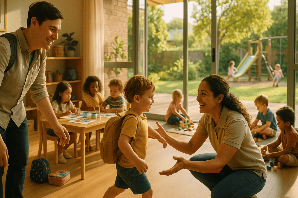 Happy child arriving at an Australian childcare centre, greeted by an educator, with other children engaged in play and learning activities indoors and outdoors