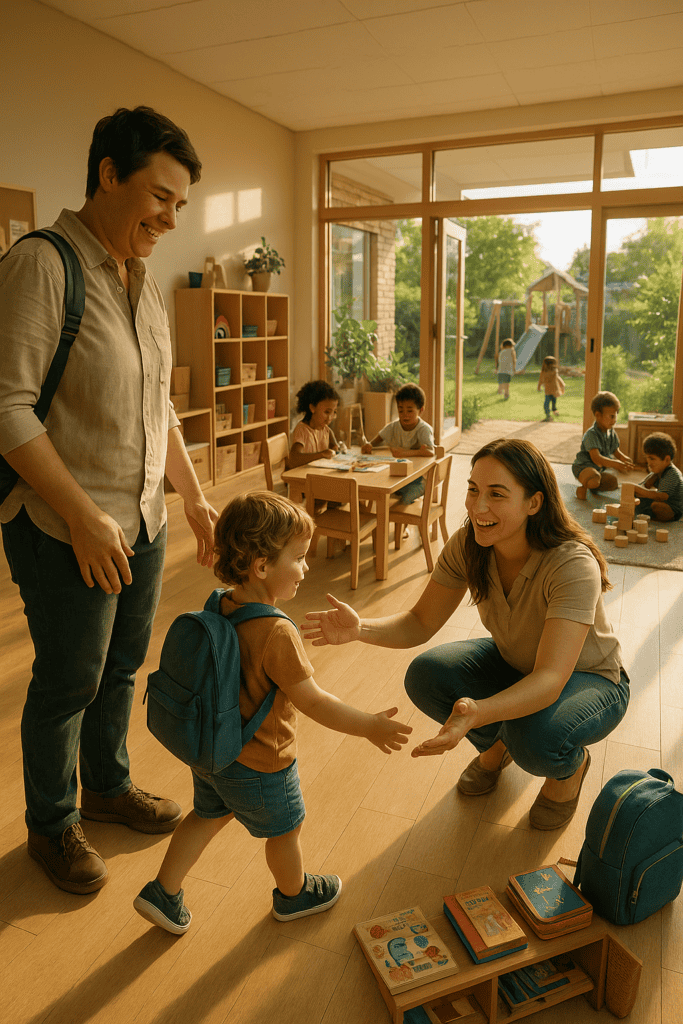 Happy child arriving at an Australian childcare centre, greeted by an educator, with other children engaged in play and learning activities indoors and outdoors