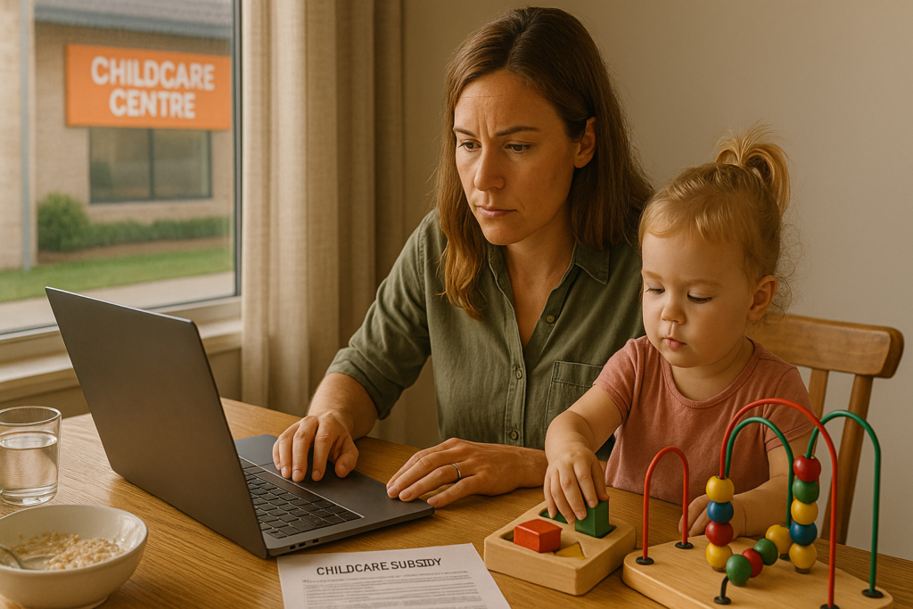 Australian mother working from home at the kitchen table while reviewing childcare subsidy paperwork on her laptop, with her toddler playing beside her using Montessori-style toys, and a childcare centre visible through the window — symbolising the rising childcare costs and the financial decisions families face in Australia -NextGen-Montessori-Truganina