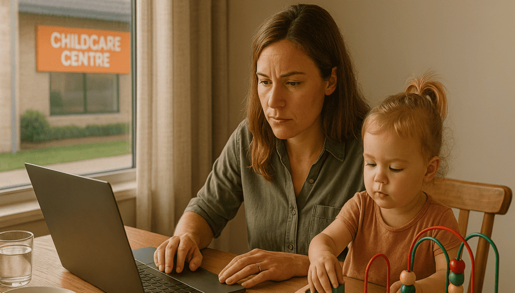 Australian mother working from home at the kitchen table while reviewing childcare subsidy paperwork on her laptop, with her toddler playing beside her using Montessori-style toys, and a childcare centre visible through the window — symbolising the rising childcare costs and the financial decisions families face in Australia- NextGen-Montessori-Truganina