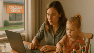 Australian mother working from home at the kitchen table while reviewing childcare subsidy paperwork on her laptop, with her toddler playing beside her using Montessori-style toys, and a childcare centre visible through the window — symbolising the rising childcare costs and the financial decisions families face in Australia- NextGen-Montessori-Truganina