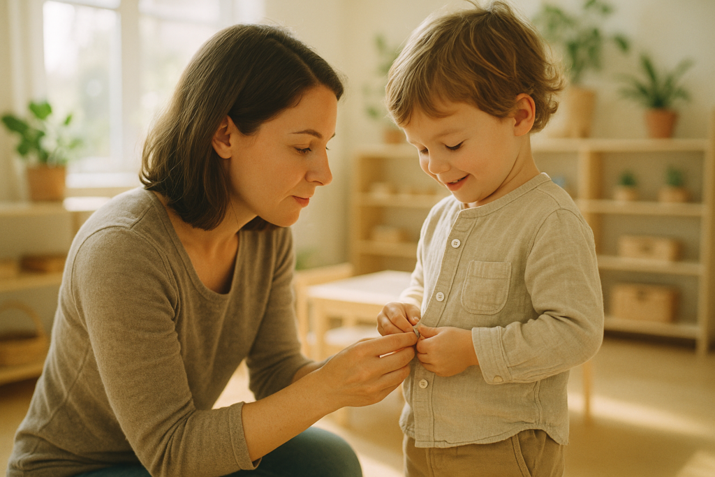 A Montessori mother gently guiding her child to button a shirt, fostering independence and confidence through hands-on learning in a calm Montessori classroom.