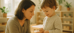 A Montessori mother gently guiding her child to button a shirt, fostering independence and confidence through hands-on learning in a calm Montessori classroom.