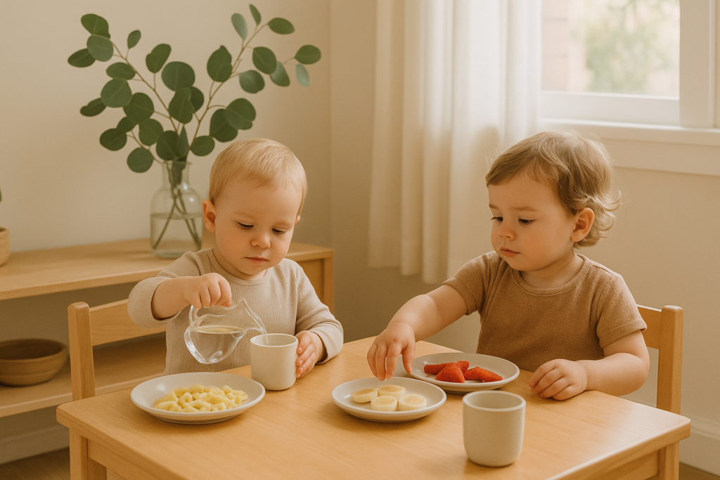 Two toddlers sitting at a Montessori-style wooden table enjoying a calm mealtime routine. One child carefully pours water into a cup while the other selects fruit slices. The warm, minimalist classroom setting reflects the Montessori approach to independence, mindfulness, and routine during toddler meals at NextGen Montessori Australia.