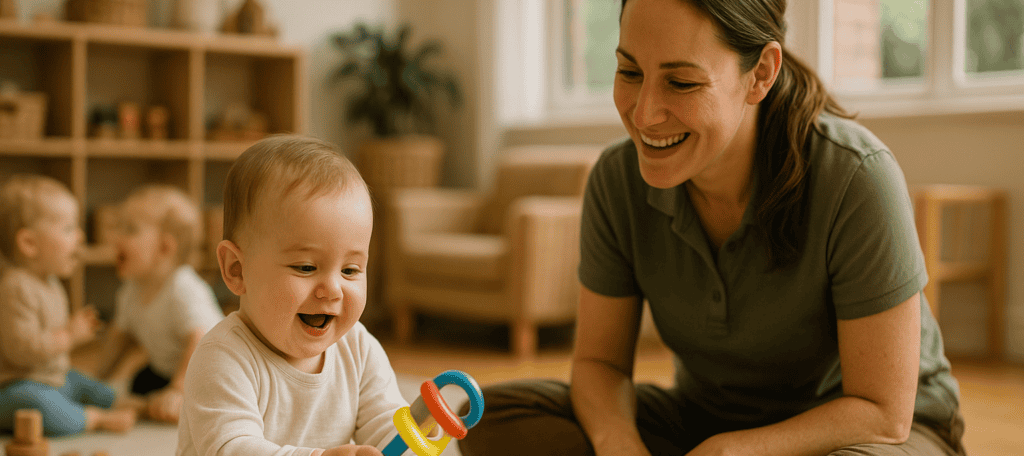 A smiling infant playing with a colorful rattle beside a warm, caring educator in a Montessori-style childcare room. The scene reflects trust, early learning, and nurturing bonds between infants and caregivers in an Australian childcare setting.
