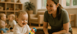 A smiling infant playing with a colorful rattle beside a warm, caring educator in a Montessori-style childcare room. The scene reflects trust, early learning, and nurturing bonds between infants and caregivers in an Australian childcare setting.