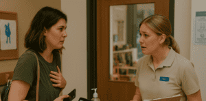 Worried mother speaking with daycare staff about childcare pickup safety and consent in Australia.