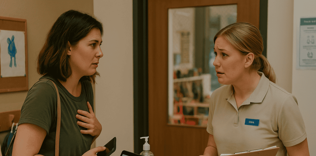 Worried mother speaking with daycare staff about childcare pickup safety and consent in Australia.