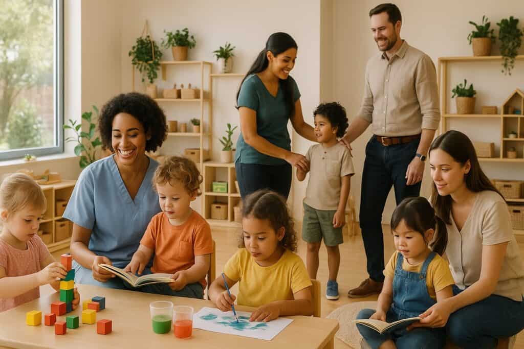 Modern Australian childcare centre filled with sunlight and laughter. Toddlers and preschoolers engage in play-based learning with educators, while diverse working parents drop off their children with trust and warmth. The nurturing, Montessori-inspired space reflects how Aussie families balance love, learning, and careers.